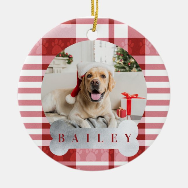 Kariertes  Schwarz/Weiß Print Pet Foto Keramik Ornament (Vorne)