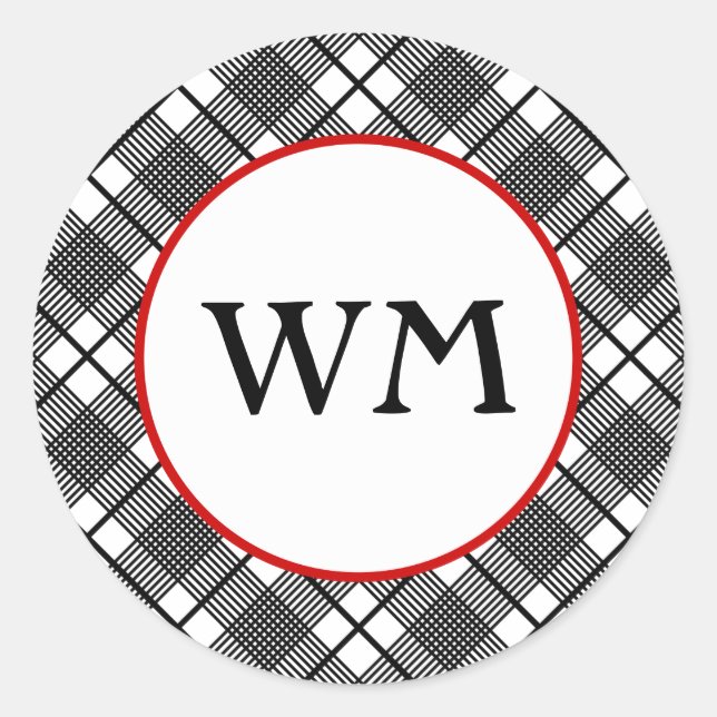 Kariertes Schwarzweißmuster bearbeitbares Monogram Runder Aufkleber (Vorderseite)