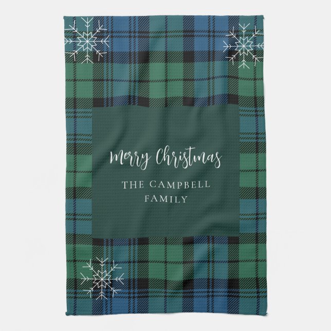 Kariertes Script Snowflakes Rustic Campbell Tartan Geschirrtuch (Vertikal)