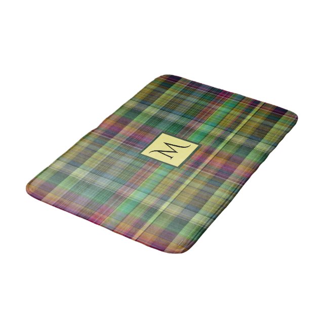 Kariertes Tartan-Gelb-Rosa-Grün Badematte (Schrägansicht)