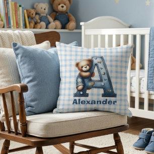 Kariertes Teddybär mit Monogramm aus Denim Kissen