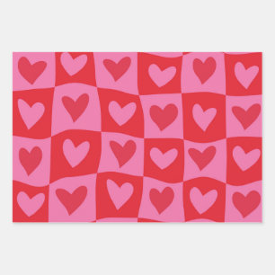 Kariertes verzerrtes Rosa und Rot Herz Muster  Geschenkpapier Set