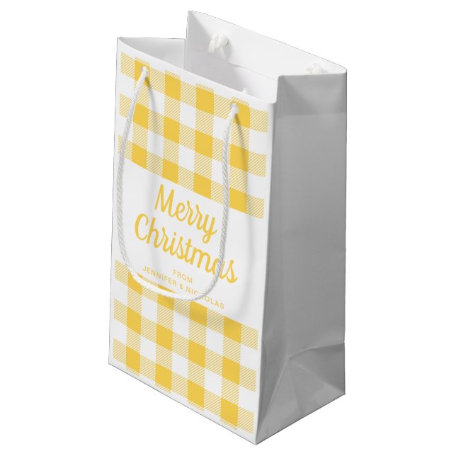 Kariertes Weihnachten in Gelb Kleine Geschenktüte (Rückseite Schrägansicht)