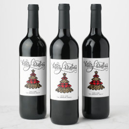 Kariertes Weihnachtsbaumdesign Frohe Weihnachten Weinetikett