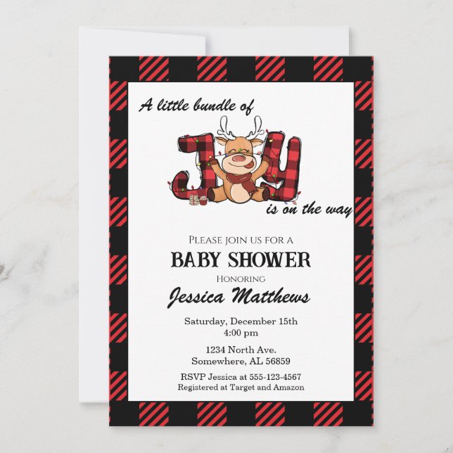 Kariertes Weihnachtsbundle mit Joy Baby Shower Einladung (Vorderseite)