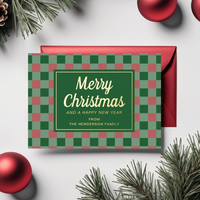 Kariertes Weihnachtsfest Folien Feiertagskarte (Festive Green Plaid Christmas Gold Foil Holiday Card)