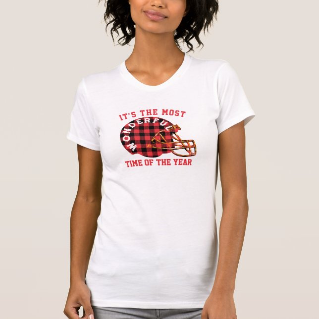 Kariertes Weihnachtsfußball-Girlfriend-T-Shirt T-Shirt (Vorderseite)