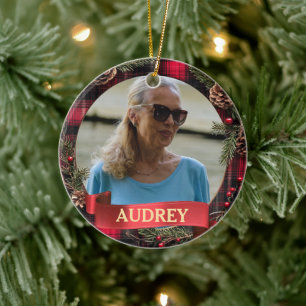 Kariertes Weihnachtsgesteck JEDES Foto Baumschmuck Keramik Ornament