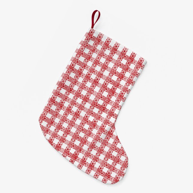 Kariertes, weiße Spitzen-Bauernhaus niedlich Kleiner Weihnachtsstrumpf (Vorderansicht (hängend))