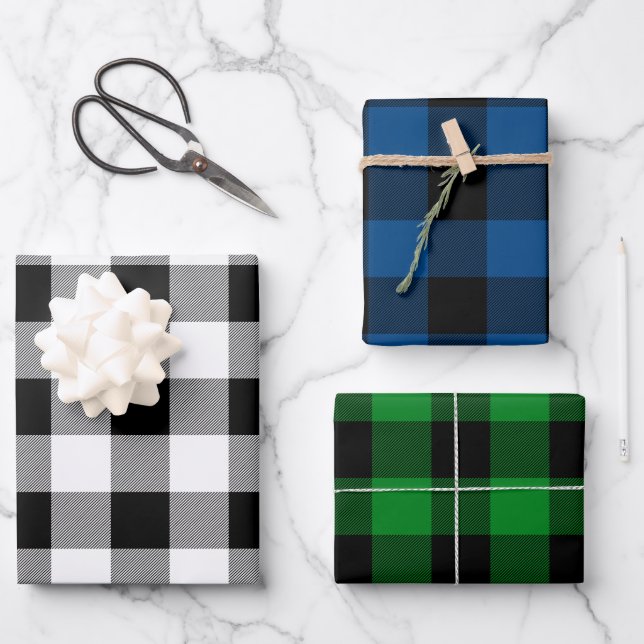 Kariertes, weißes und grünes Buffalo Canadiana Geschenkpapier Set (Vorderseite)