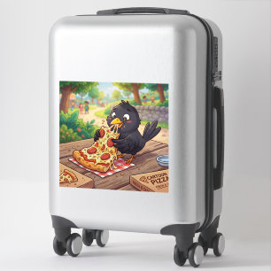 Karikatur-Baby Amsel Krähe Rabe isst Pizza Aufkleber