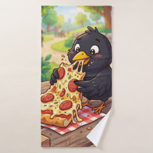 Karikatur-Baby Amsel Krähe Rabe isst Pizza Badhandtuch Set