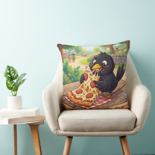 Karikatur-Baby Amsel Krähe Rabe isst Pizza Kissen