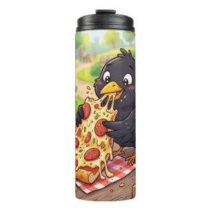 Karikatur-Baby Amsel Krähe Rabe isst Pizza Thermosbecher