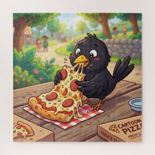 Karikatur-Baby-Schwarzdrossel-Krähe-Rabe-isst-Pizz
