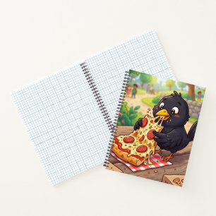 Karikatur-Baby-Schwarzdrossel-Krähe-Rabe-isst-Pizz Notizbuch
