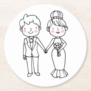 Karikatur Braut Bräutigam Danke Whimsical Hochzeit Runder Pappuntersetzer