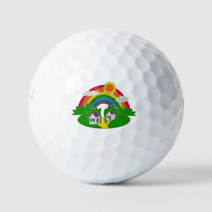 Karikatur der ländlichen Szene mit Regenbogen und Golfball
