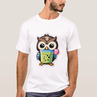 Karikatur einer Eule, die einen grünen Bubble Tea T-Shirt