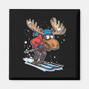 Karikatur eines Elchs beim Skifahren im Winteroutf Magnet