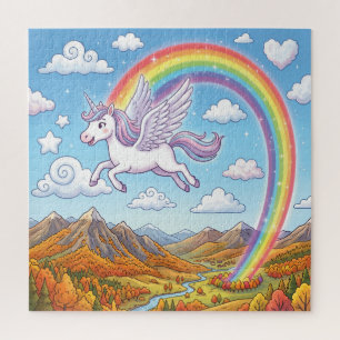 Karikatur fliegendes Einhorn mit Regenbogen