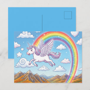 Karikatur fliegendes Einhorn mit Regenbogen Feiertagspostkarte