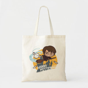 Karikatur Harry und Hedwig fliegen an Hogwarts vor Tragetasche