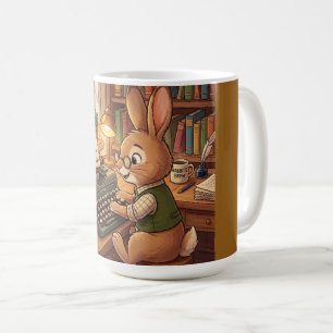 Karikatur-Hase, der auf einer Retro-Schreibmaschin Kaffeetasse