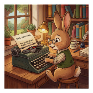 Karikatur-Hase, der auf einer Retro-Schreibmaschin Poster