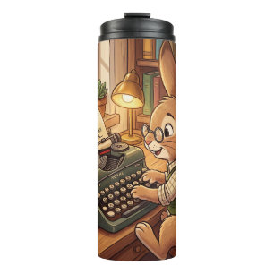 Karikatur-Hase, der auf einer Retro-Schreibmaschin Thermosbecher