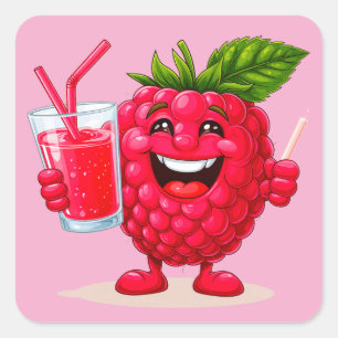 Karikatur-Himbeer-Charakter mit einem Smoothie Quadratischer Aufkleber