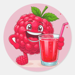Karikatur-Himbeer-Charakter mit einem Smoothie Runder Aufkleber
