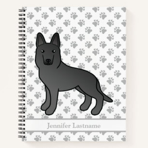 Karikatur-Hund aus schwarzem Schäfer und benutzerd Notizbuch