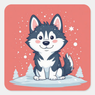 Karikatur-Husky sitzt im Weihnachtsschnee Quadratischer Aufkleber