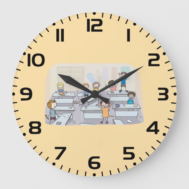 Karikatur-Klassenchaos mit wilden Schülern Große Wanduhr (Vorderseite)