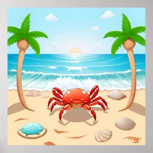 Karikatur-Krabbe, Palmen und Muscheln Poster