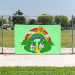 Karikatur-ländliche Szene mit Regenbogen und Landh Banner