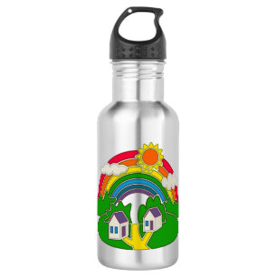 Karikatur ländliche Szene mit Regenbogen und Landh Edelstahlflasche