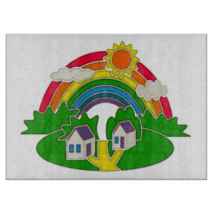 Karikatur-ländliche Szene mit Regenbogen und Landh Schneidebrett
