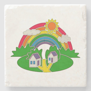 Karikatur-ländliche Szene mit Regenbogen und Landh Steinuntersetzer