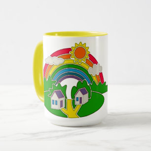 Karikatur ländliche Szene mit Regenbogen und Landh Tasse