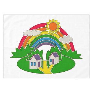 Karikatur ländliche Szene mit Regenbogen und Landh Tischdecke