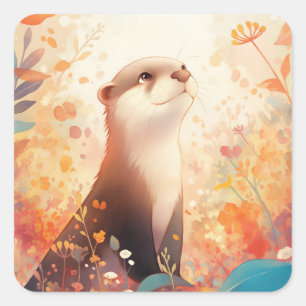 Karikatur-Otter beim Blick nach oben in Wildblumen Quadratischer Aufkleber