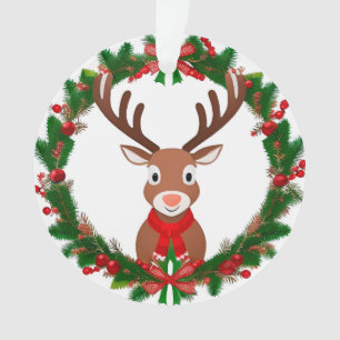 Karikatur-Rentier neben festlichem Weihnachtskranz Ornament