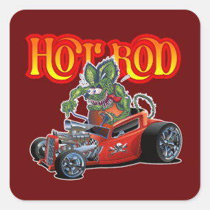 Karikatur Retro Hot Rod Quadratischer Aufkleber