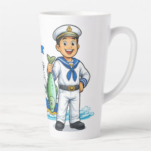 Karikatur-Segler mit Yacht und Fisch - Maritime Ku Milchtasse