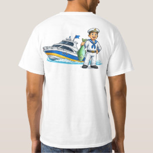 Karikatur-Segler mit Yacht und Fisch - Maritime Ku T-Shirt