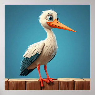 Karikatur-Storch mit hellen Augen auf Holzzaun Poster