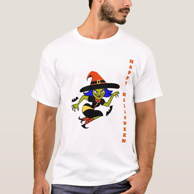 Karikatur Unheil Grün Hexe Halloween T-Shirt (Vorderseite)