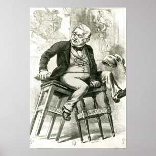 Karikatur von Adolphe Thiers zwischen zwei Poster